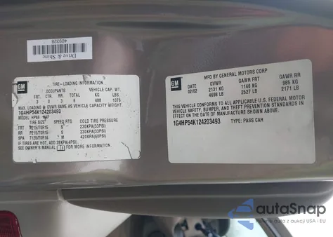 2002 Buick Lesabre Custom z USA, uszkodzony, nr VIN 1G4HP54K124203493